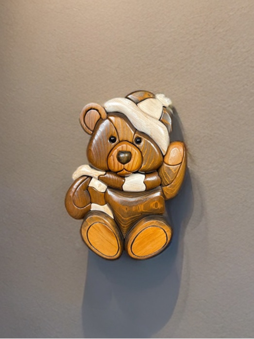 Handmade wooden Intarsia wall hanging Teddy Bear  10”